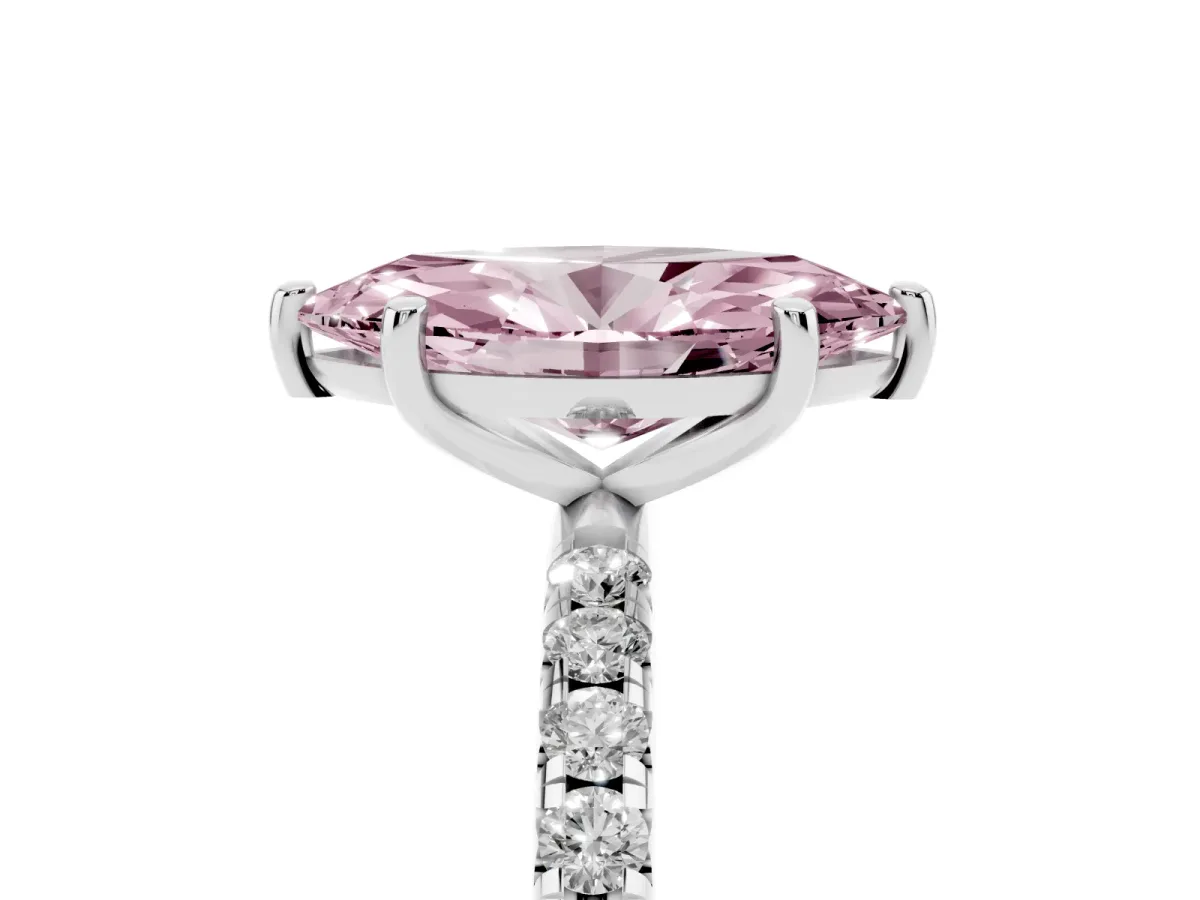 Fancy Pink Marquise Cut Cut Diamond Solitaire Ring with Micro Pave Band and Four Prong Setting Silver