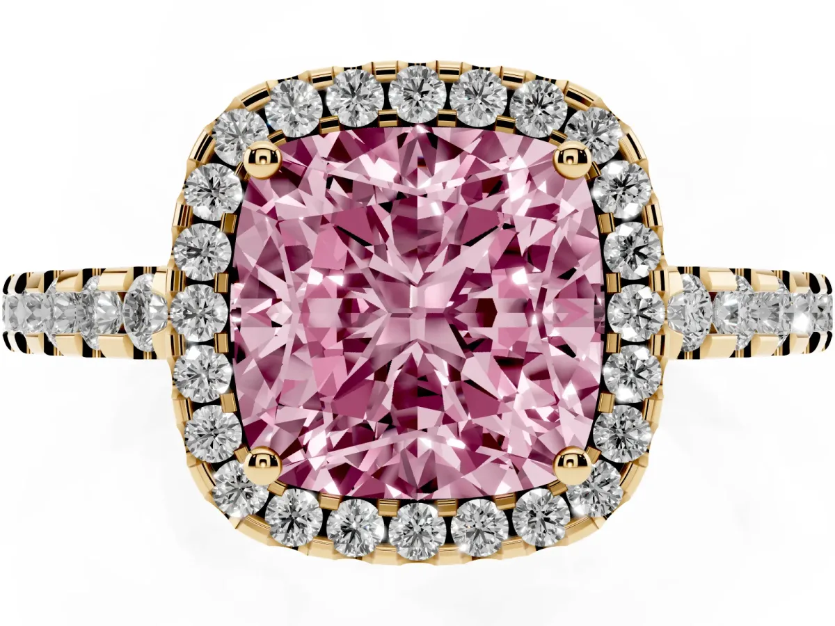 Fancy Pink Cushion Cut Diamond Halo Engagement Ring with Pavé Band and Prong Setting Yellow gold