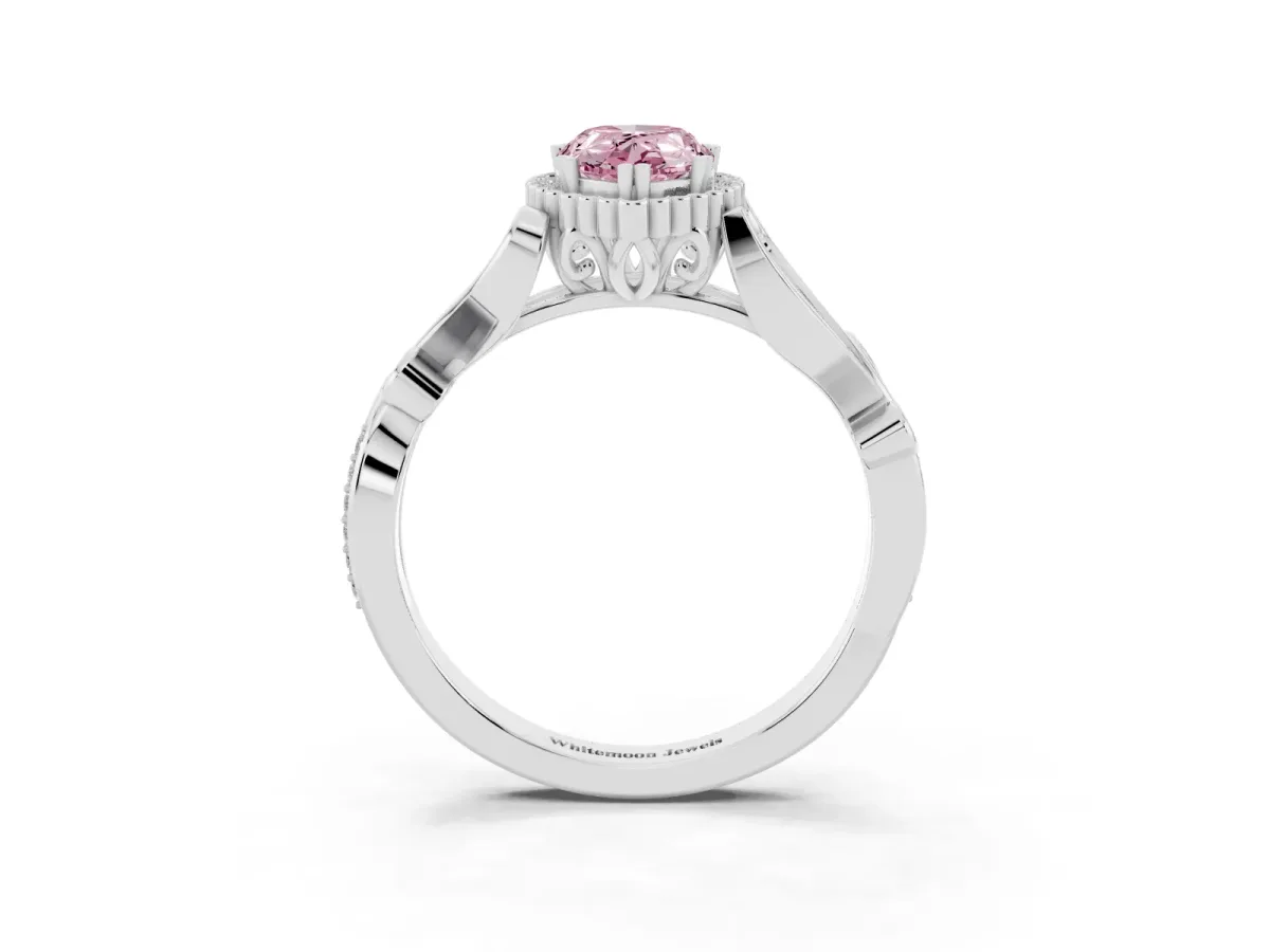 Fancy Pink Pear Cut Diamond Halo Ring with Vintage Split Shank and Four-Prong Setting Platinum