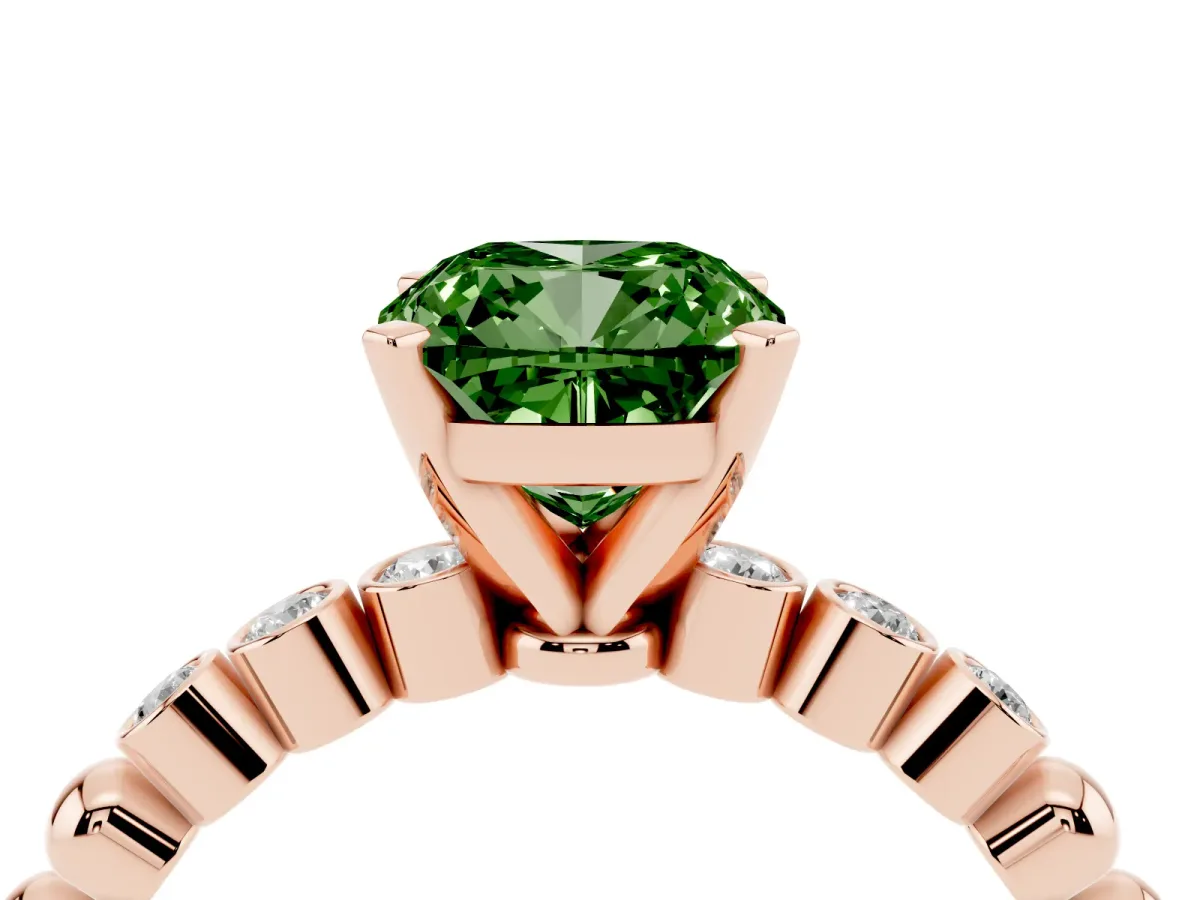 Fancy Green Cushion Cut Solitaire Bezel Accent Diamond Engagement Ring with Beaded Band and Four-Prong Setting Rose gold