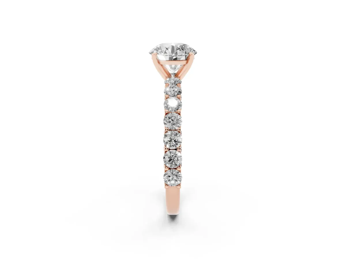 Round Cut Diamond Solitaire Ring with Shared Prong Pavé Band and Four-Prong Setting Rose gold