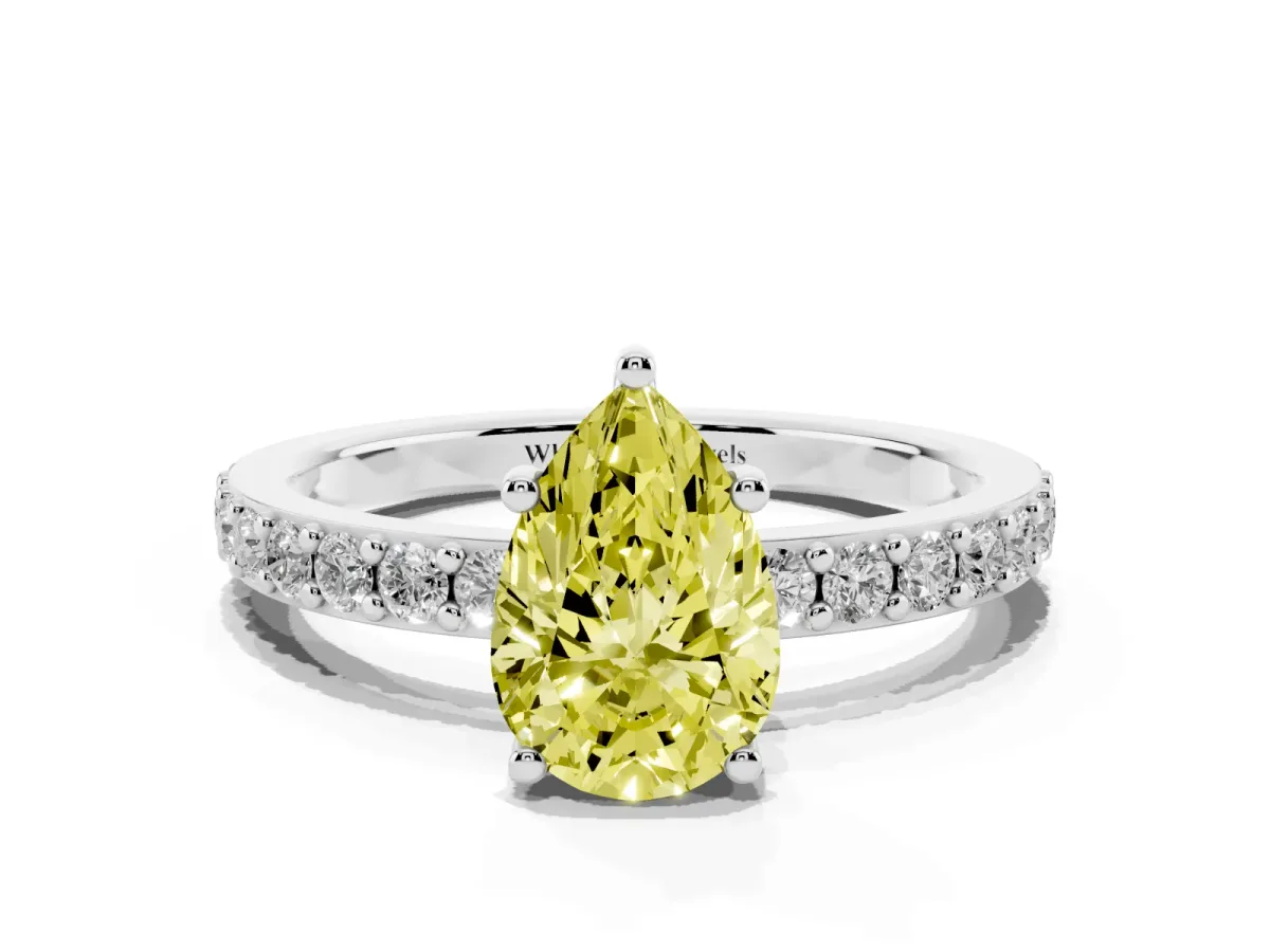 Fancy Yellow Pear Cut Cut Diamond Solitaire with Pave Band and Four-Prong Setting Silver