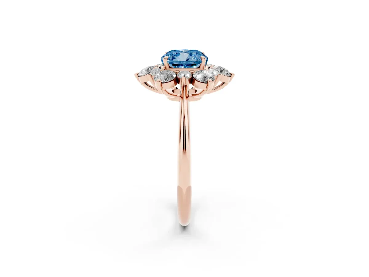 Fancy Blue Cushion Cut Diamond Cluster Halo Ring with Solitaire Band and Four-Prong Setting Rose gold