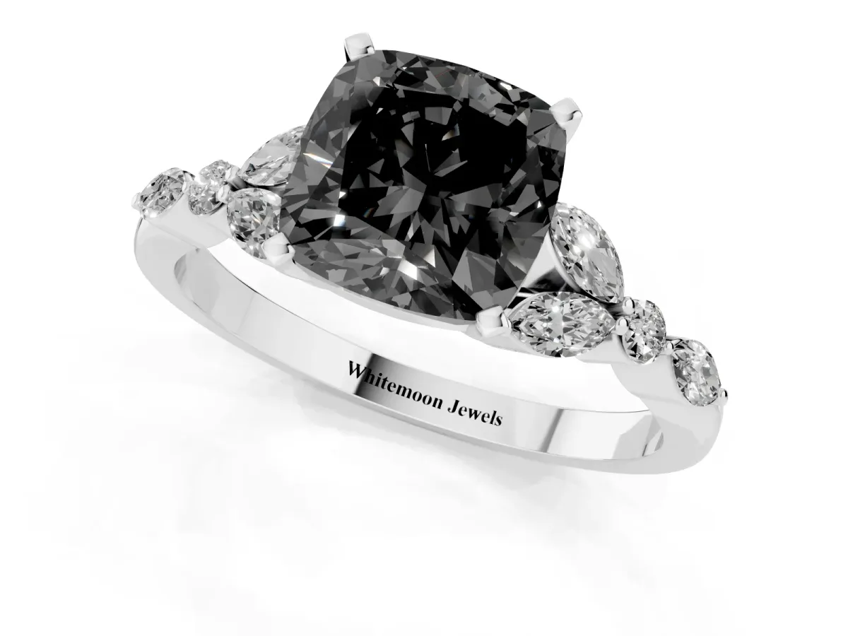 Fancy Black Cushion Cut Diamond Solitaire Ring with Side Stones and Four-Prong Setting Platinum