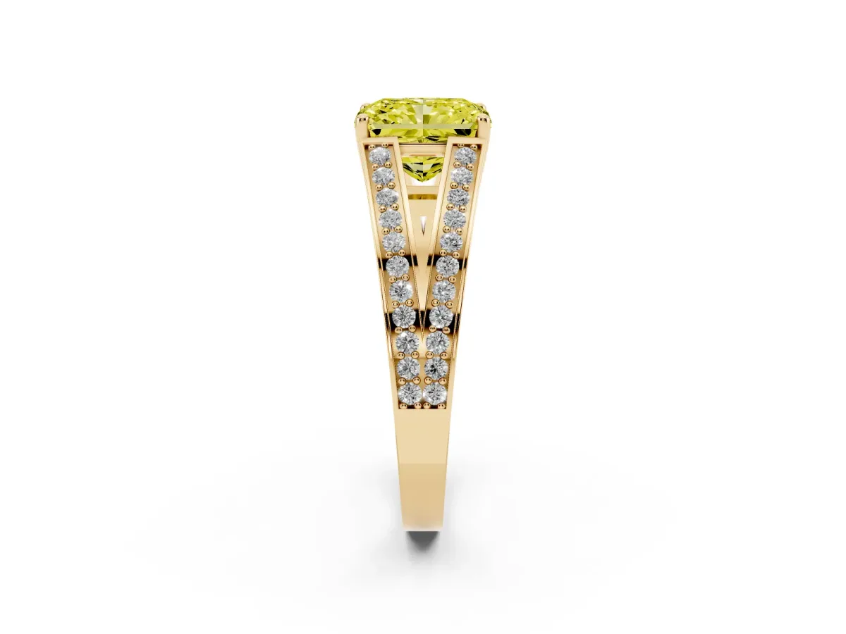 Fancy Yellow Radiant Cut Diamond Split Shank Ring with Pavé Band and Four-Prong Setting Yellow gold