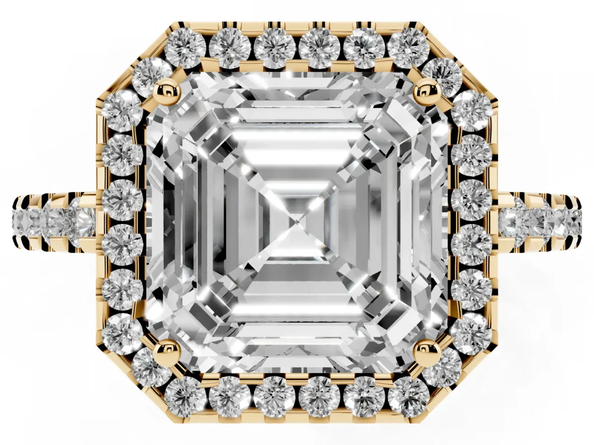 Asscher Cut Diamond Halo Engagement Ring with Pavé Band and Prong Setting Yellow gold