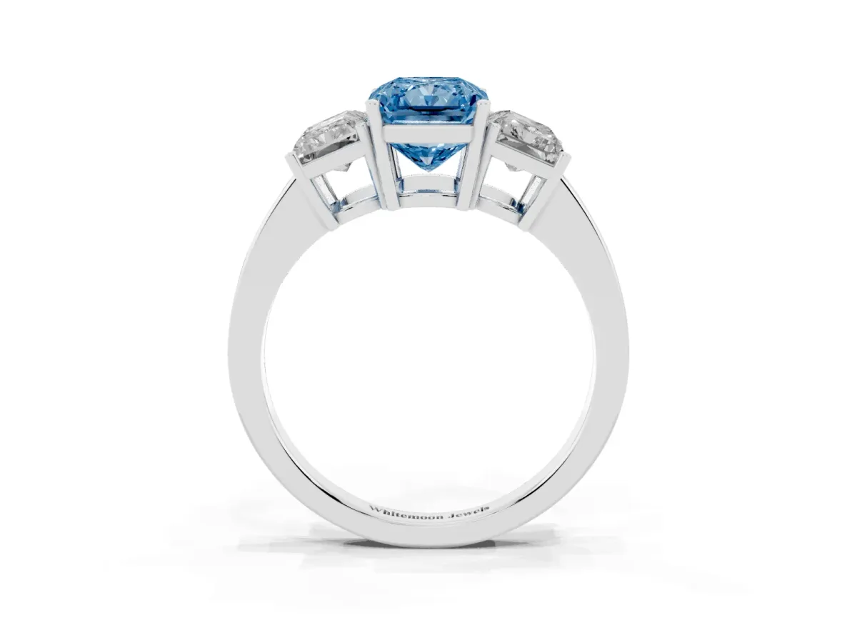Fancy Blue Three-Stone Radiant Cut Cut Diamond Engagement Ring with Flat Band and Four-Prong Setting Silver