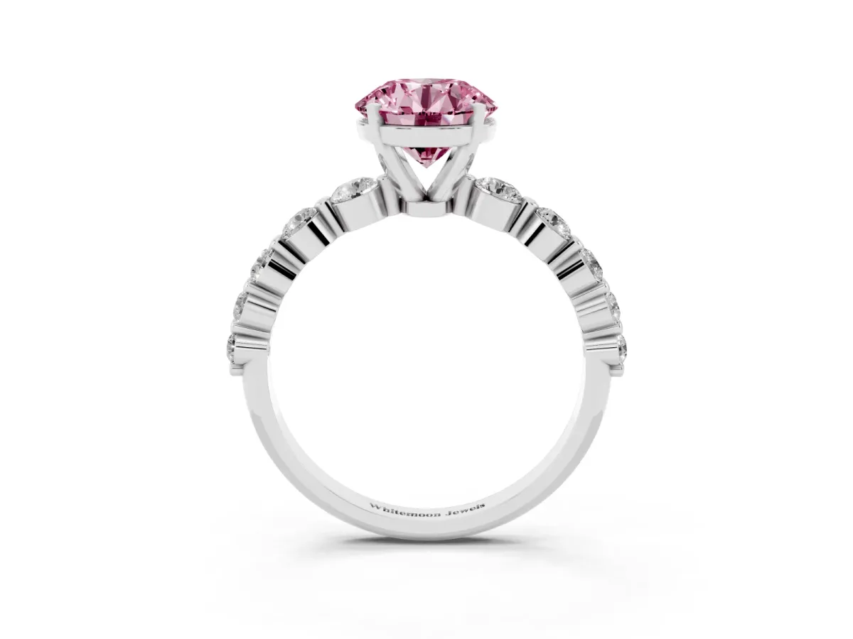 Fancy Pink Round Cut Solitaire Diamond Ring with Pave Band and Four-Prong Setting Platinum