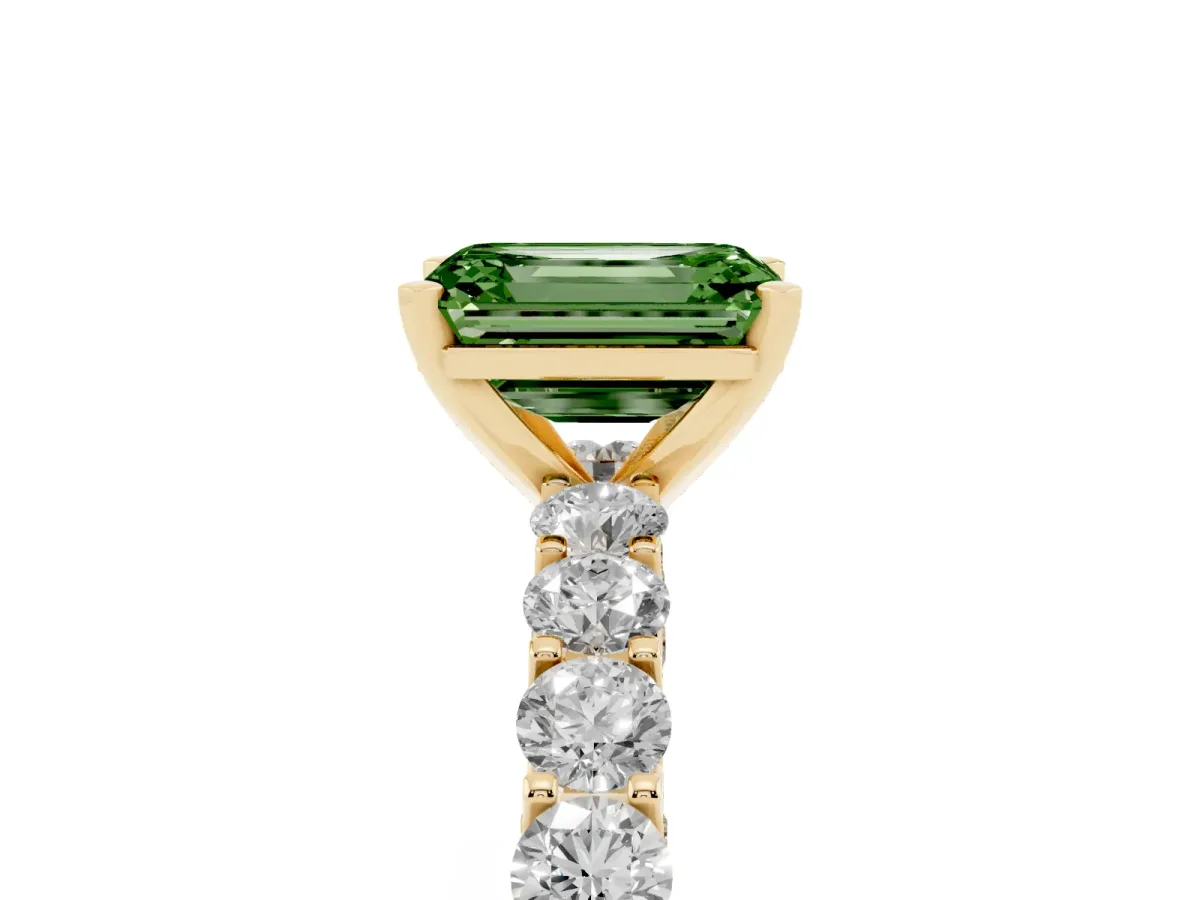 Fancy Green Emerald Cut Diamond Solitaire Ring with Shared Prong Pavé Band and Four-Prong Setting Yellow gold