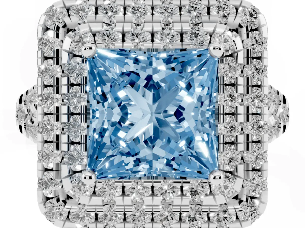 Fancy Blue Double Halo Princess Cut Diamond Pavé Split Shank Ring with Prong Setting Platinum