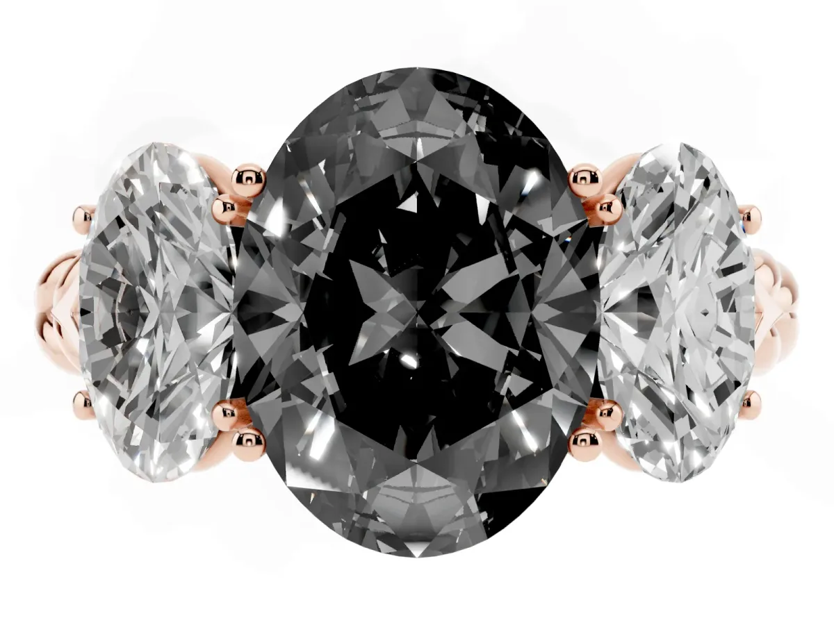 Fancy Black Three-Stone Oval Cut Diamond Braided Band Ring with Four-Prong Setting Rose gold