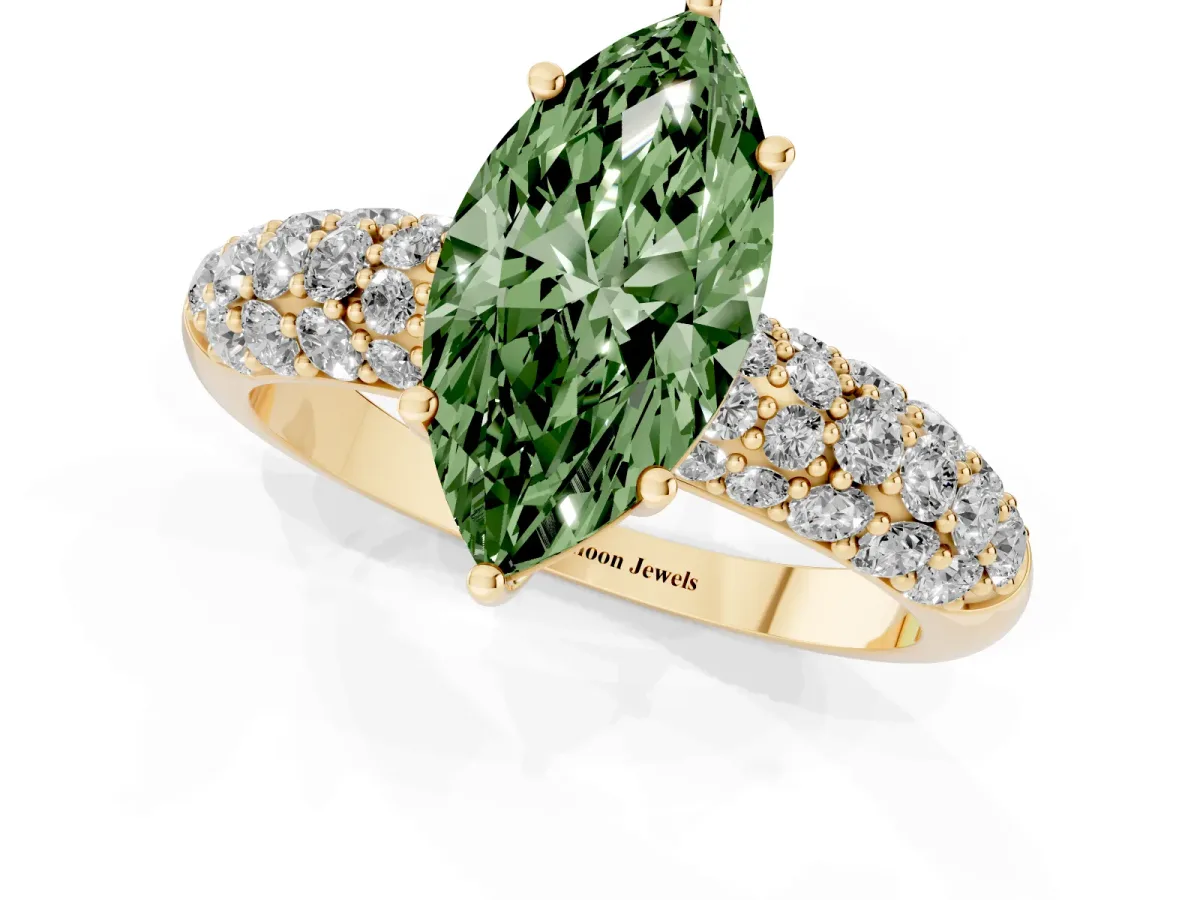 Fancy Green Marquise Cut Diamond Pavé Band Solitaire Ring with Four-Prong Setting Yellow gold