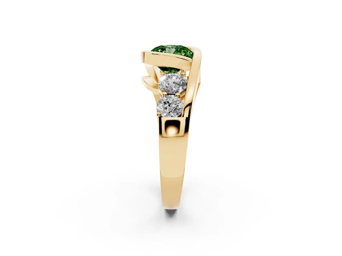 Fancy Green Bezel Set Cushion Cut Diamond Bypass Ring with Round Accents Yellow gold