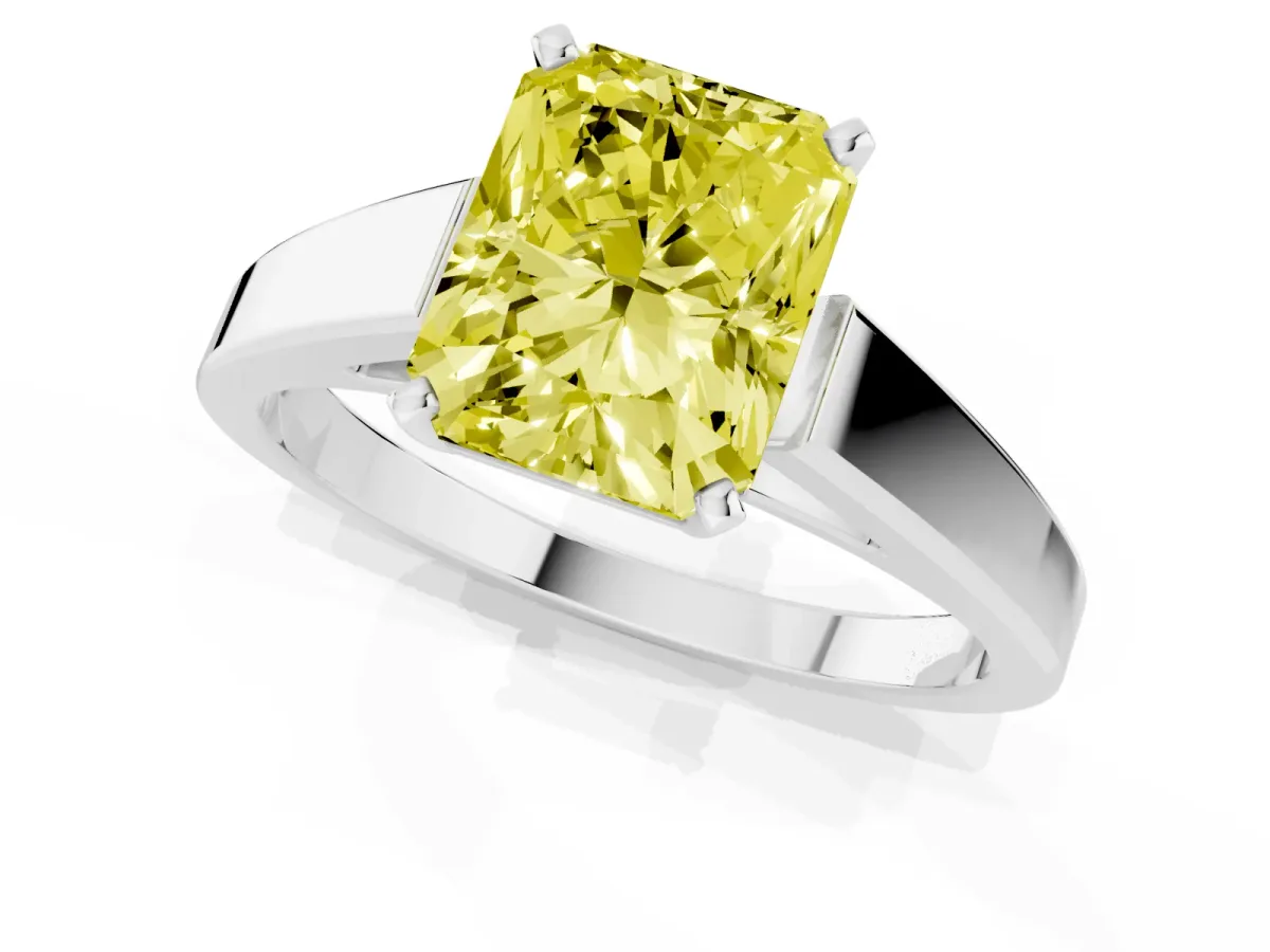 Fancy Yellow Radiant Cut Solitaire Engagement Ring with Four-Prong Setting and Tapered Band Silver