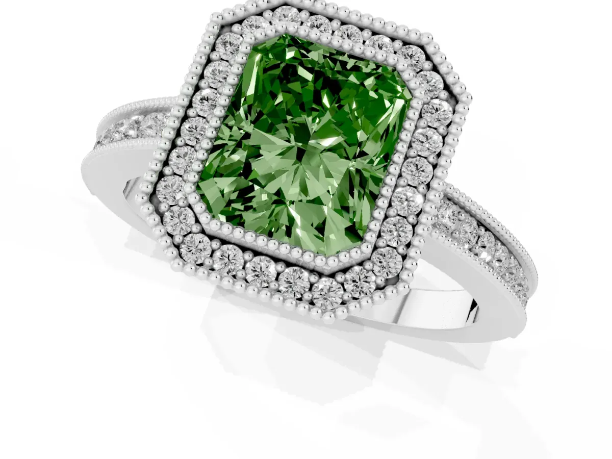 Fancy Green Radiant Cut Cut Halo Diamond Ring with Pavé Band and Milgrain Prong Setting Platinum