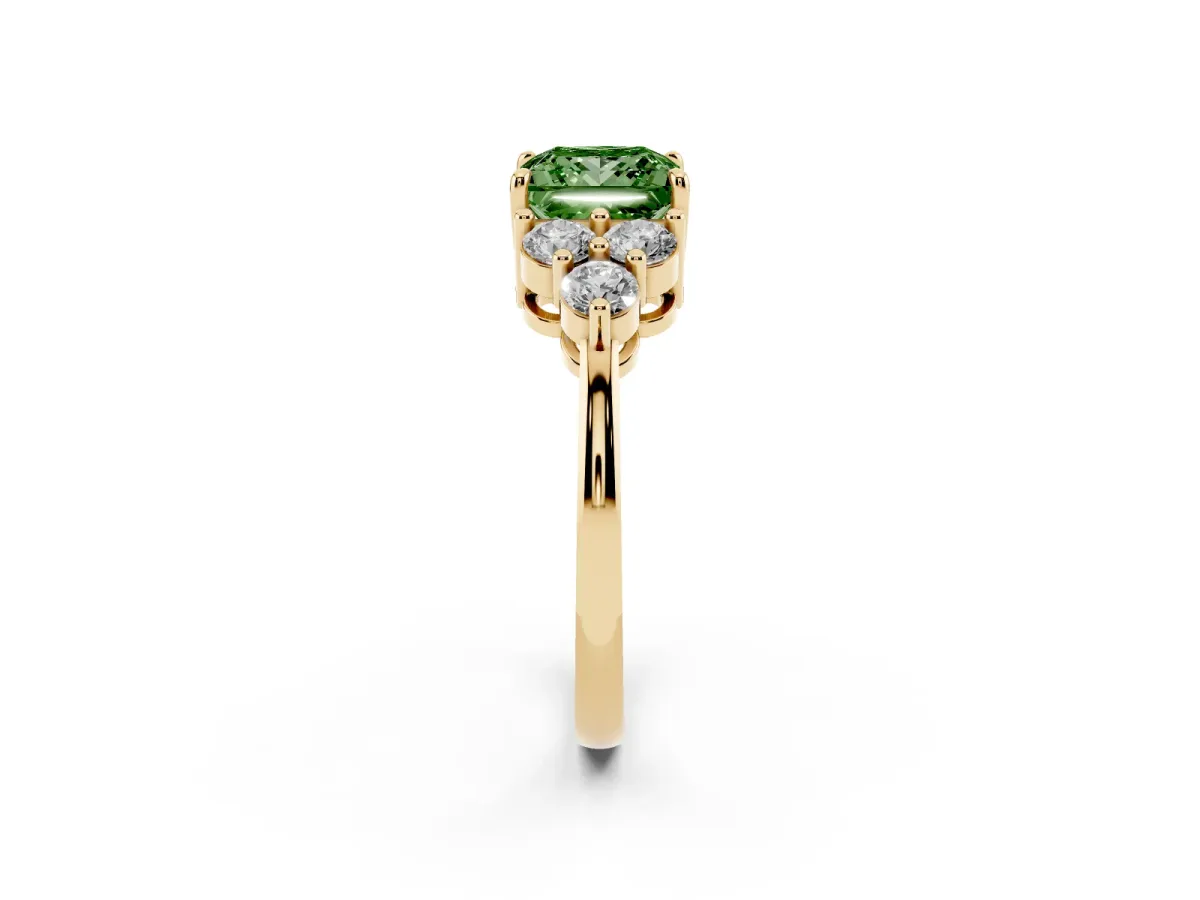 Fancy Green Princess Cut Brilliant Diamond Cluster Accent Solitaire Ring with Prong Setting Yellow gold