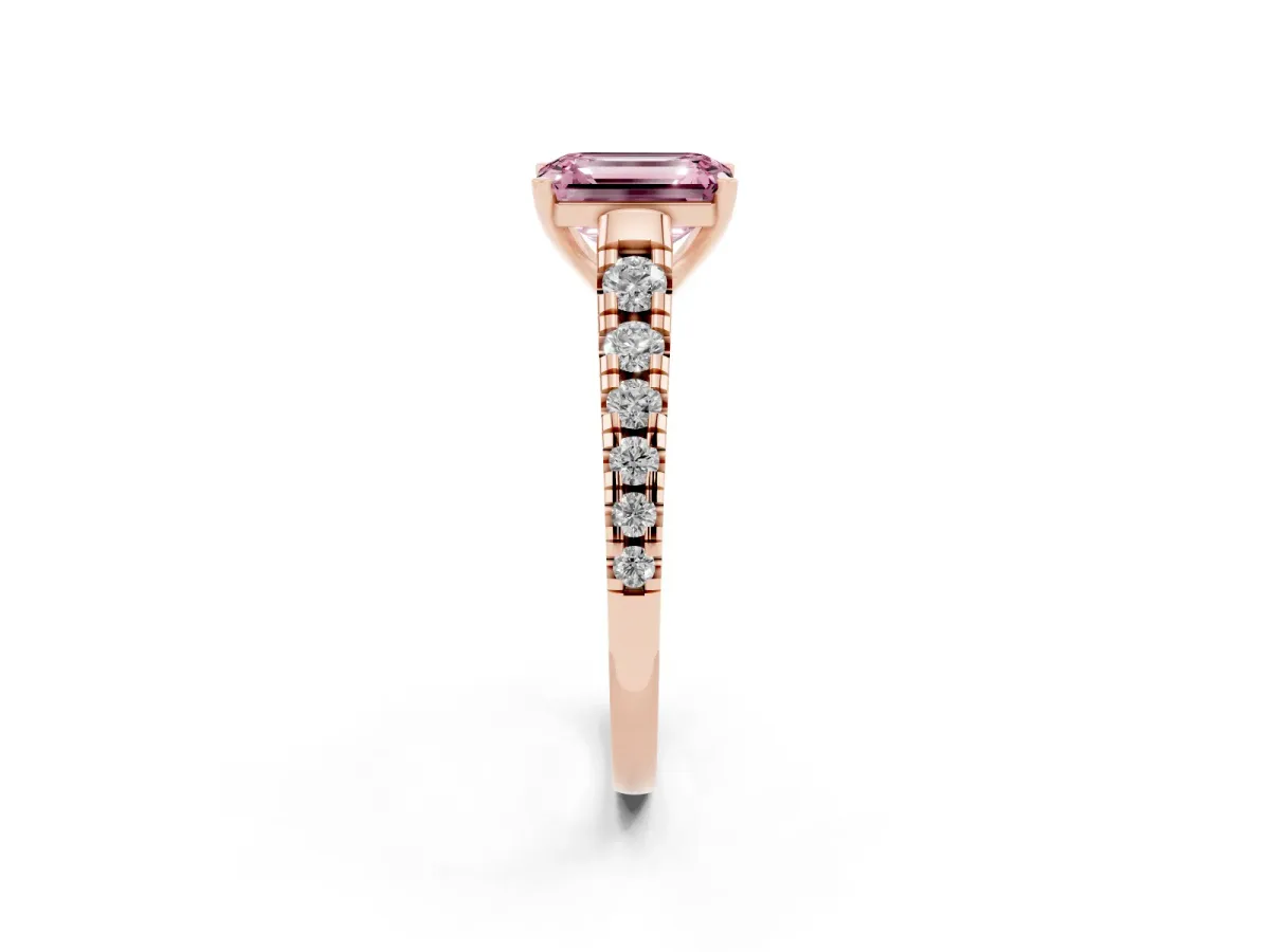 Fancy Pink Emerald Cut Diamond Cathedral Solitaire Ring with Round Pavé Band Rose gold