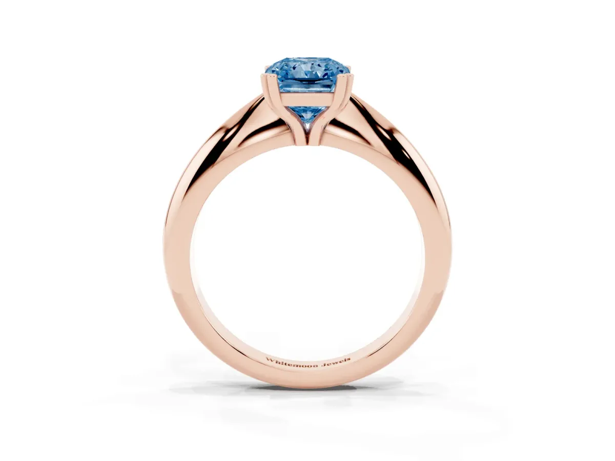 Fancy Blue Radiant Cut Cut Solitaire Engagement Ring with Tapered Band and Four-Prong Setting Rose gold
