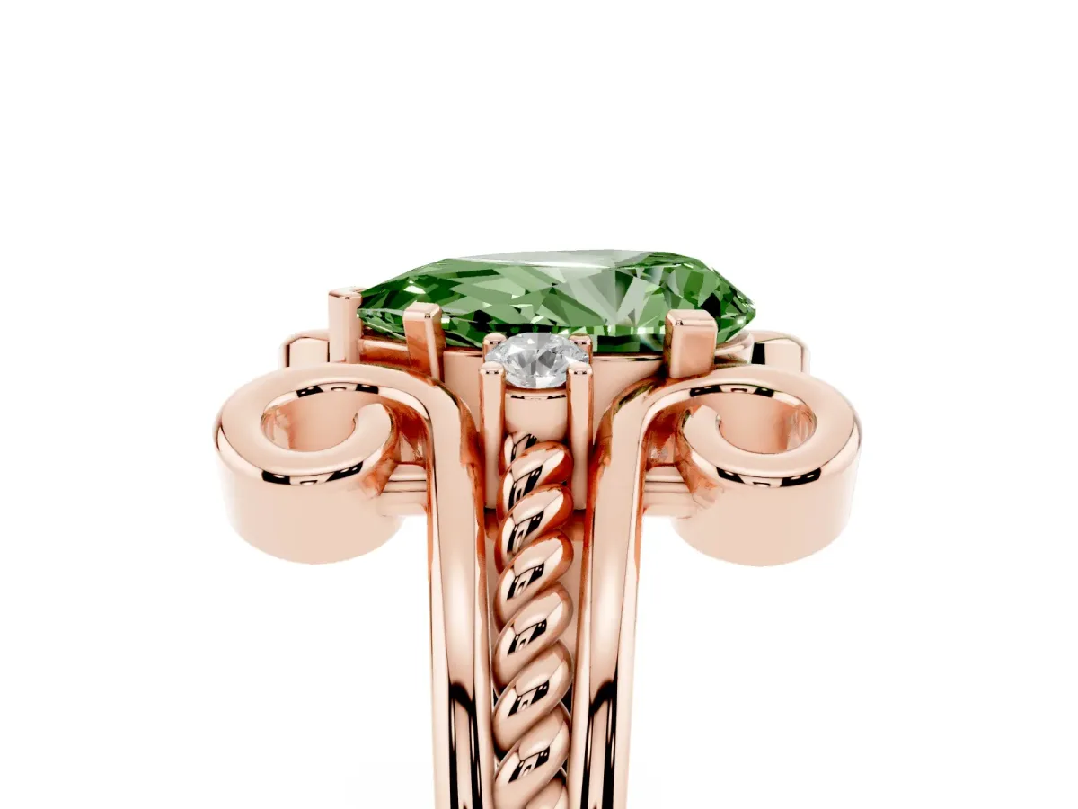 Fancy Green Pear Cut Solitaire Twisted Band Scroll Prong Ring Rose gold