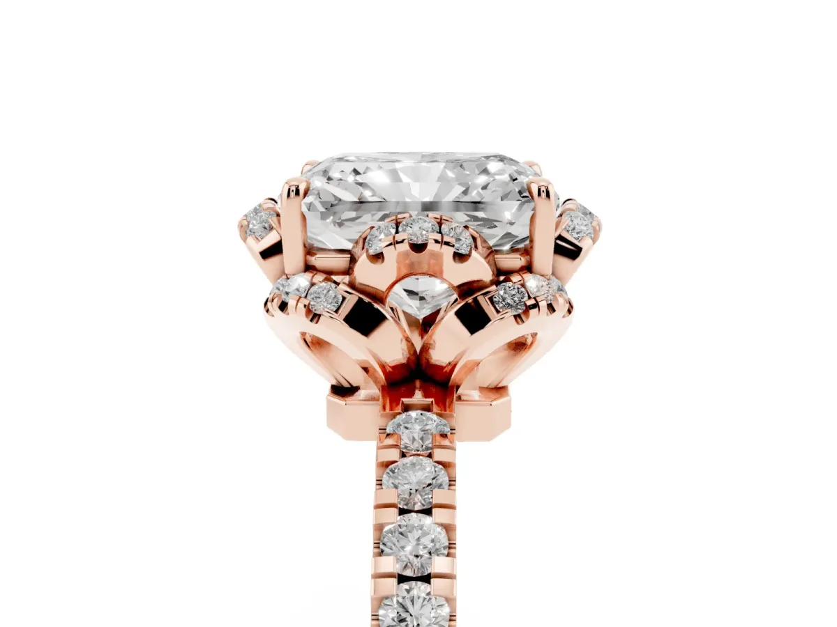 Radiant Cut Halo Diamond Pave Band Ring with Four-Prong Setting Rose gold