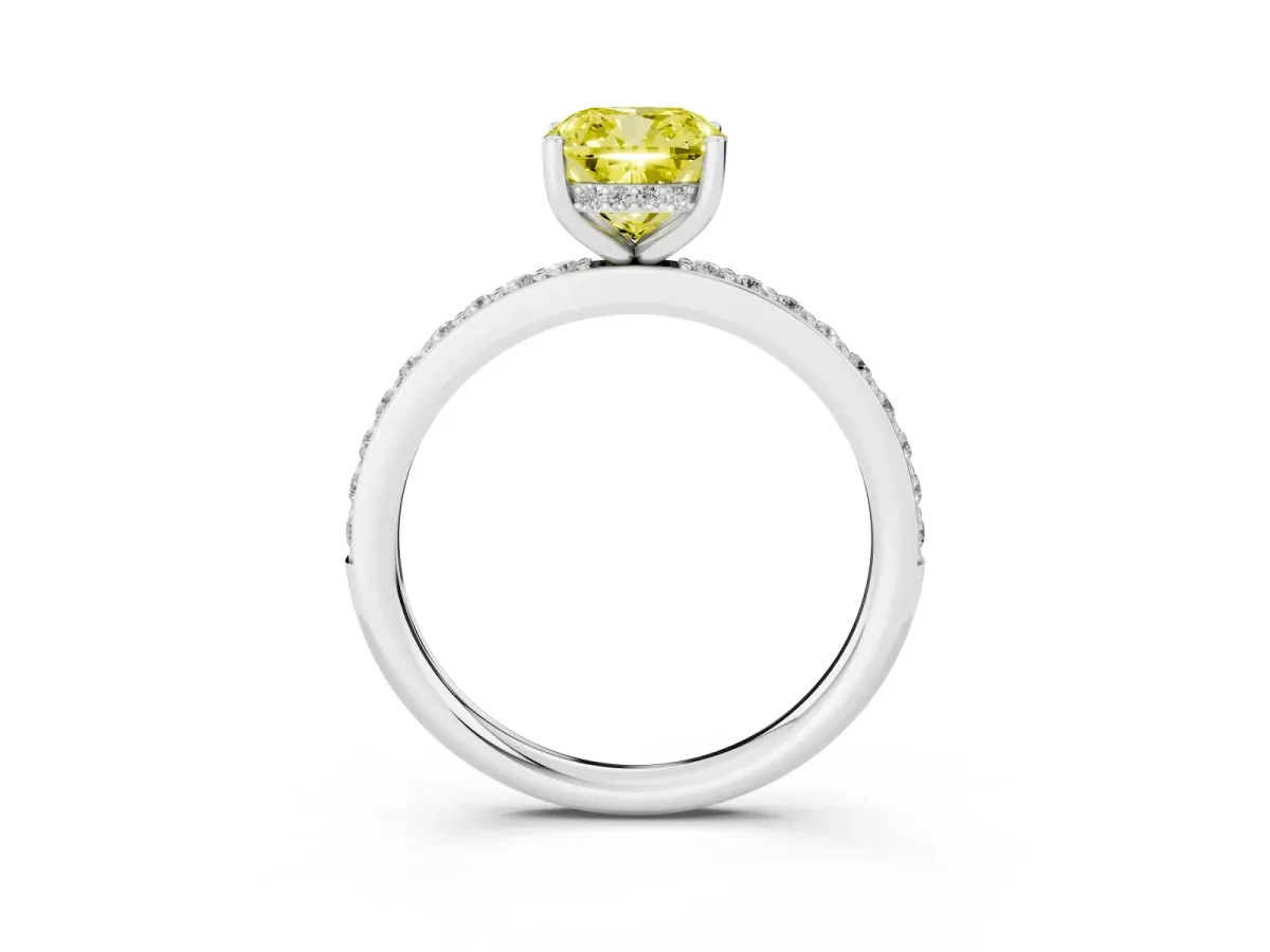 Fancy Yellow Cushion Cut Cut Diamond Pavé Band Ring with Four-Prong Setting Silver