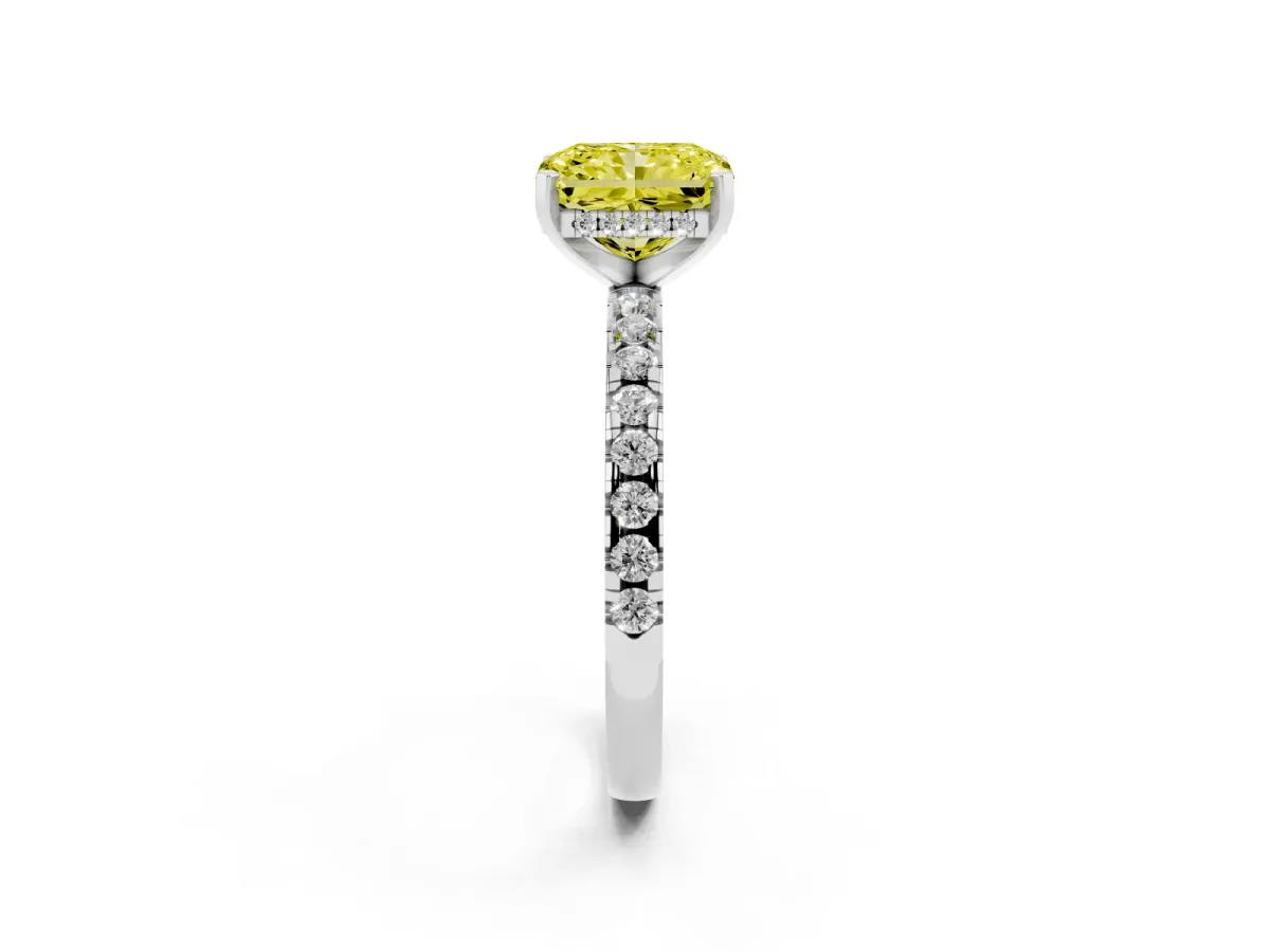 Fancy Yellow Radiant Cut Diamond Solitaire Ring with Round Pavé Band and Four-Prong Setting Silver