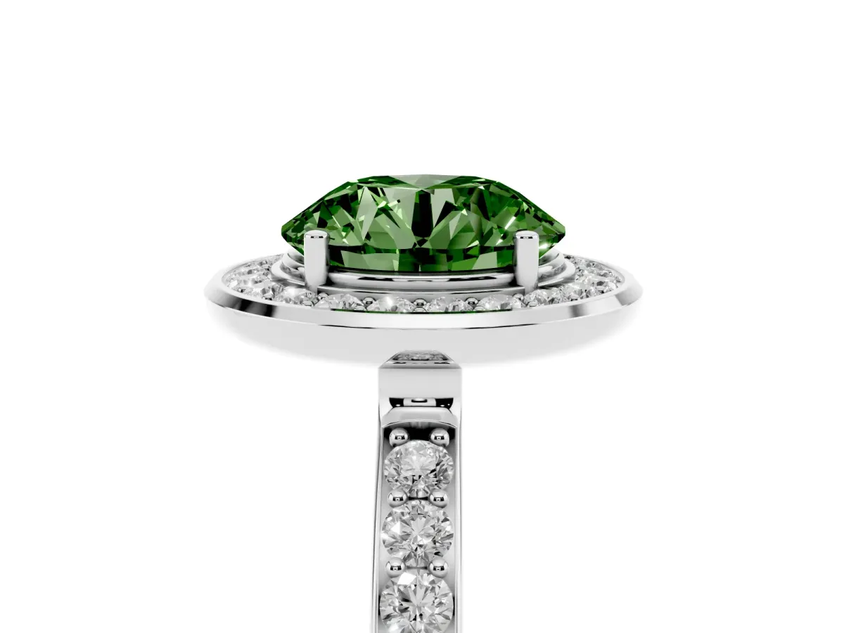 Fancy Green Round Cut Diamond Halo Ring with Bezel Frame and Pavé Band Silver
