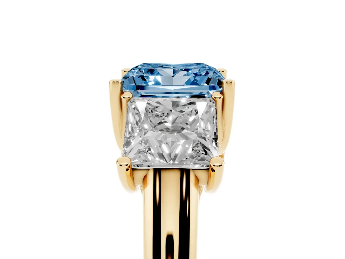Fancy Blue Three-Stone Princess Cut Diamond Engagement Ring with Prong Setting Yellow gold
