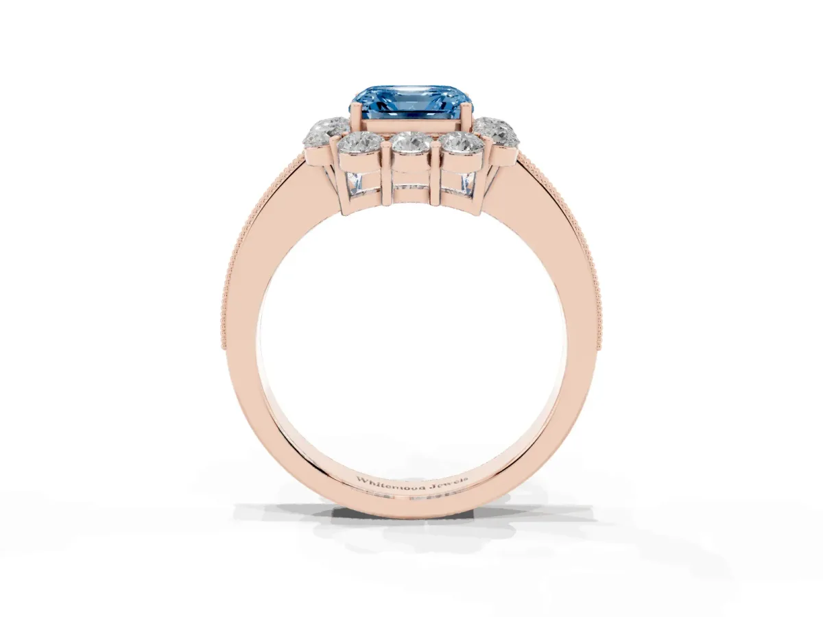 Fancy Blue Asscher Cut Cut Halo Diamond Pavé Engagement Ring with Milgrain Detailing Rose gold