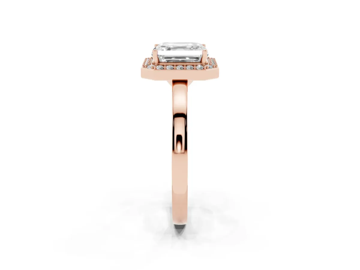 Asscher Cut Halo Diamond Ring with Solitaire Band and Prong Setting Rose gold