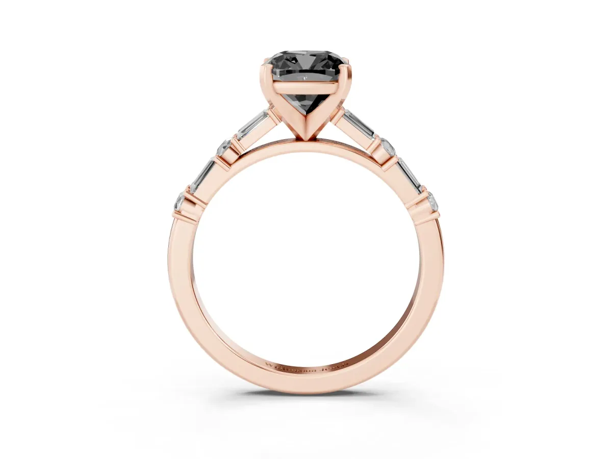 Fancy Black Cushion Cut Diamond Solitaire with Side Baguettes and Channel Set Band Rose gold