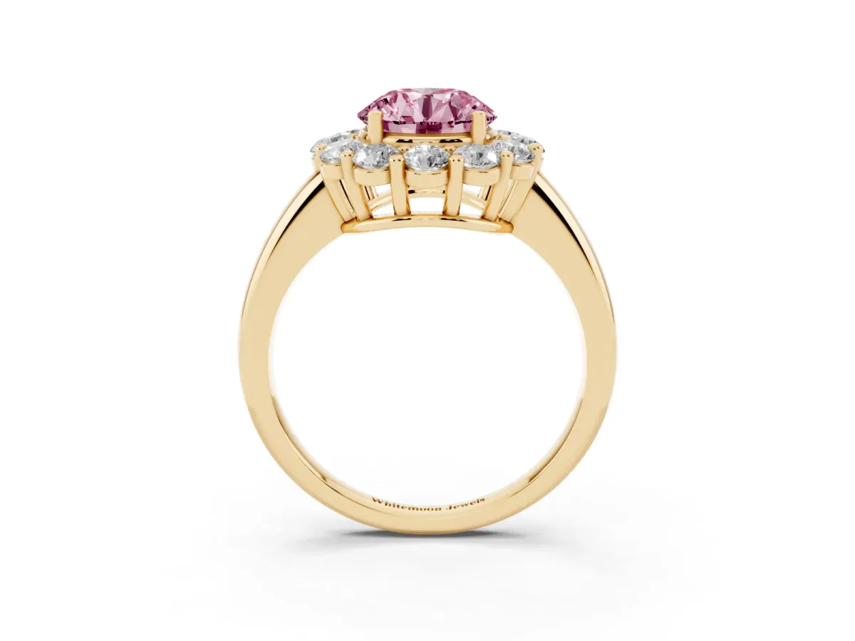 Fancy Pink Round Cut Halo Cluster Diamond Engagement Ring with Prong Setting and Polished Band Yellow gold
