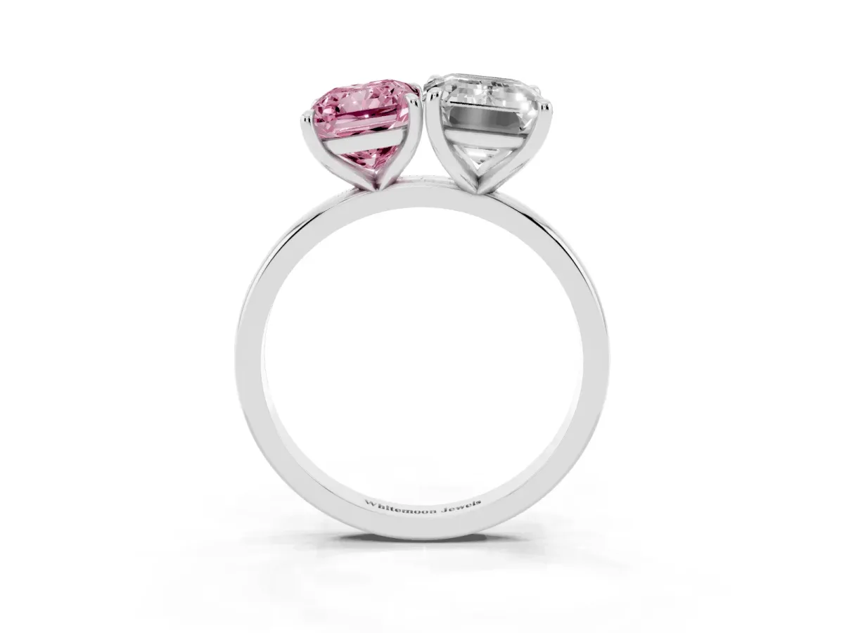 Fancy Pink Radiant Cut and Emerald Cut Toi Moi Ring with Prong Setting Silver