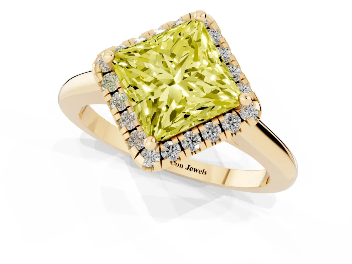 Fancy Yellow Princess Cut Halo Round Diamond Solitaire Engagement Ring with Pave Band and Four-Prong Setting Yellow gold
