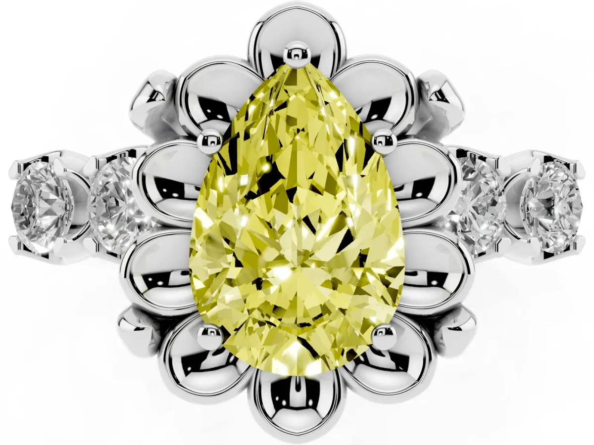 Fancy Yellow Pear Cut Cut Diamond Floral Halo Engagement Ring with Shared Prong Setting Silver