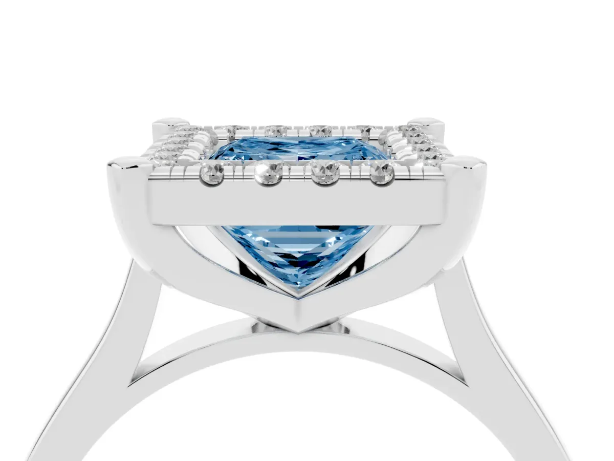 Fancy Blue Princess Cut Diamond Cluster Halo Solitaire with Four-Prong Setting Silver
