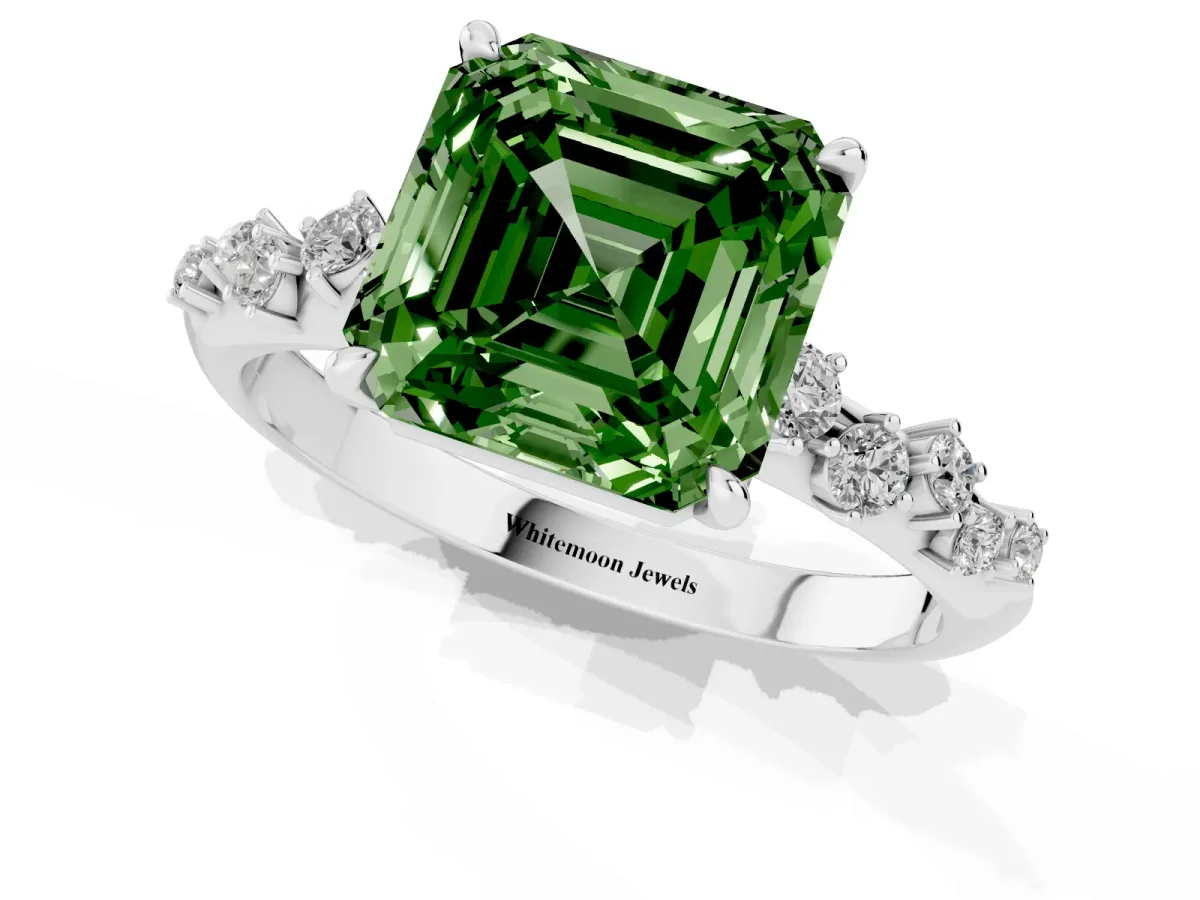 Fancy Green Asscher Cut Diamond Cluster Side Stone Solitaire Ring with Prong Setting Platinum