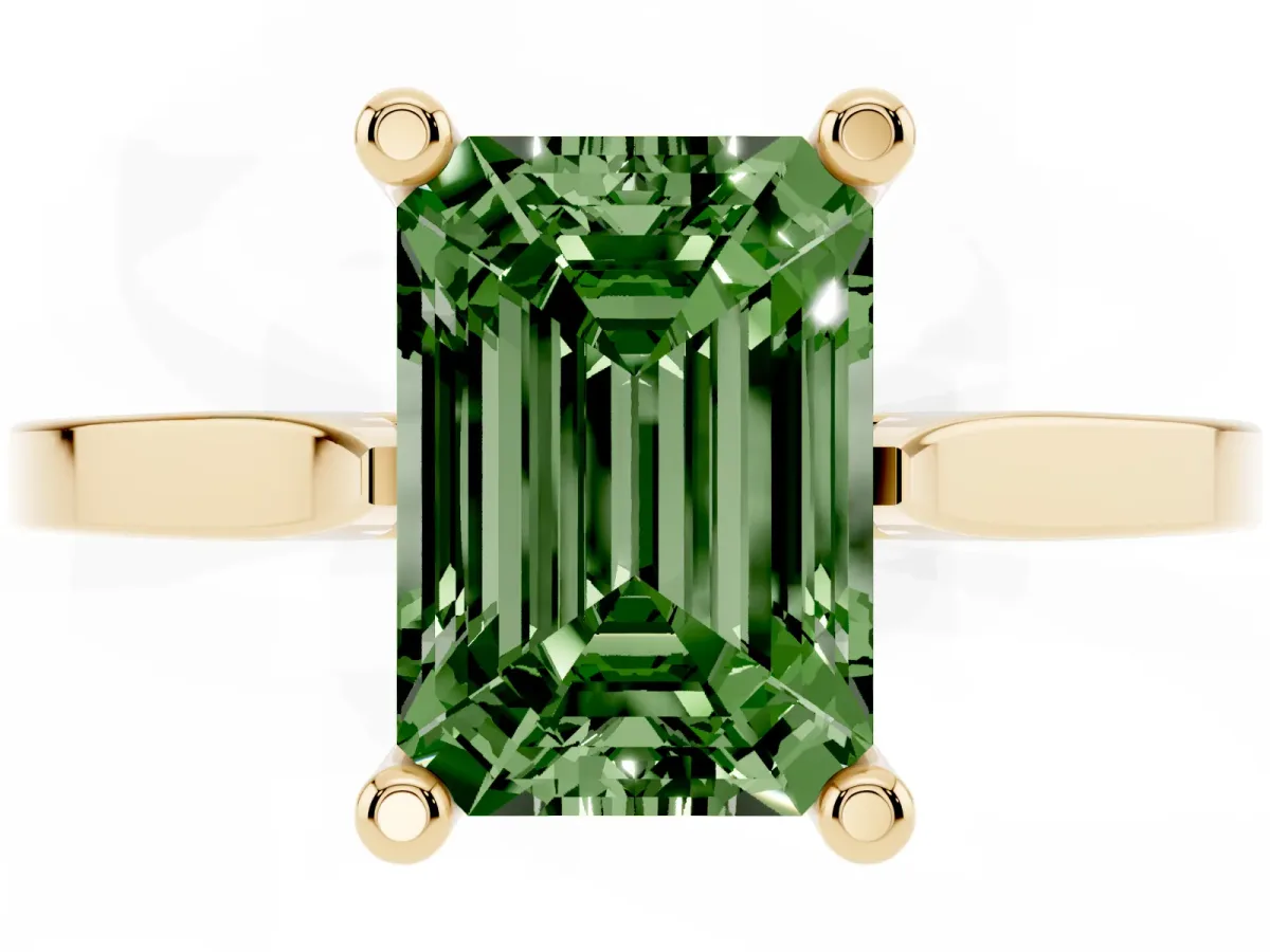Fancy Green Emerald Cut Solitaire Diamond Ring with Four-Prong Setting and Tapered Band Yellow gold
