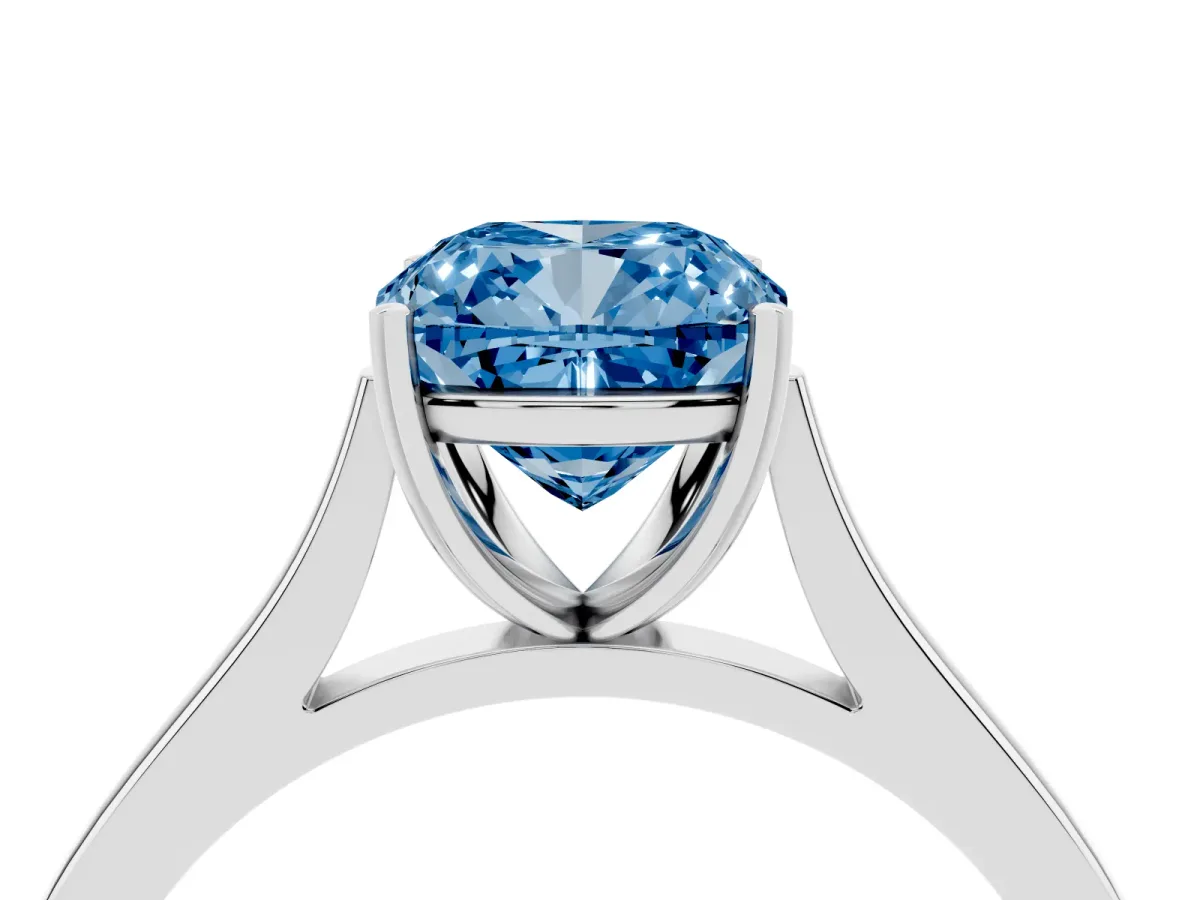 Fancy Blue Cushion Cut Solitaire Heart Prong Engagement Ring with Tapered Band White gold