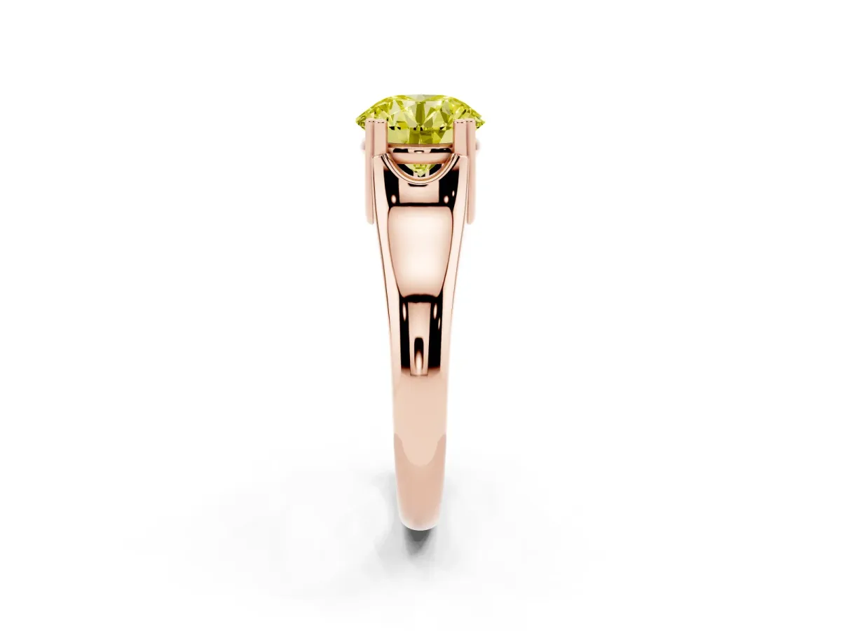 Fancy Yellow Round Cut Diamond Solitaire Ring with Wide Band and Prong Setting Rose gold