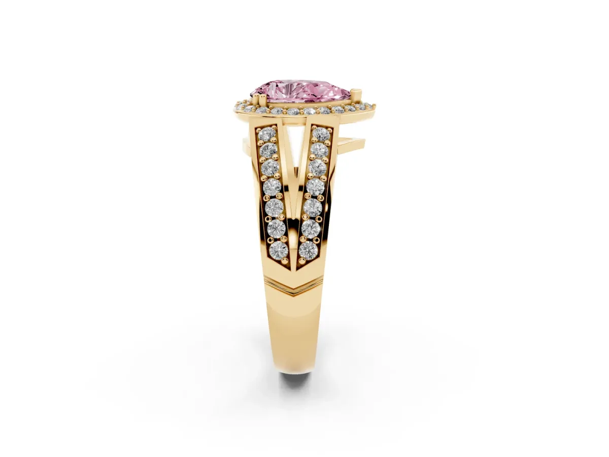 Fancy Pink Pear Cut Diamond Halo Ring with Split Shank Pavé Band and Four-Prong Setting Yellow gold