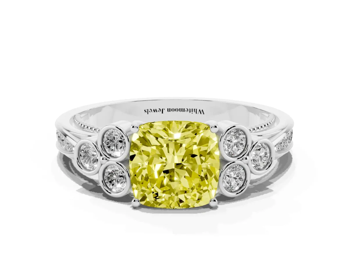 Fancy Yellow Cushion Cut Cut Diamond Engagement Ring with Bezel Set Round Side Stones and Prong Setting Platinum