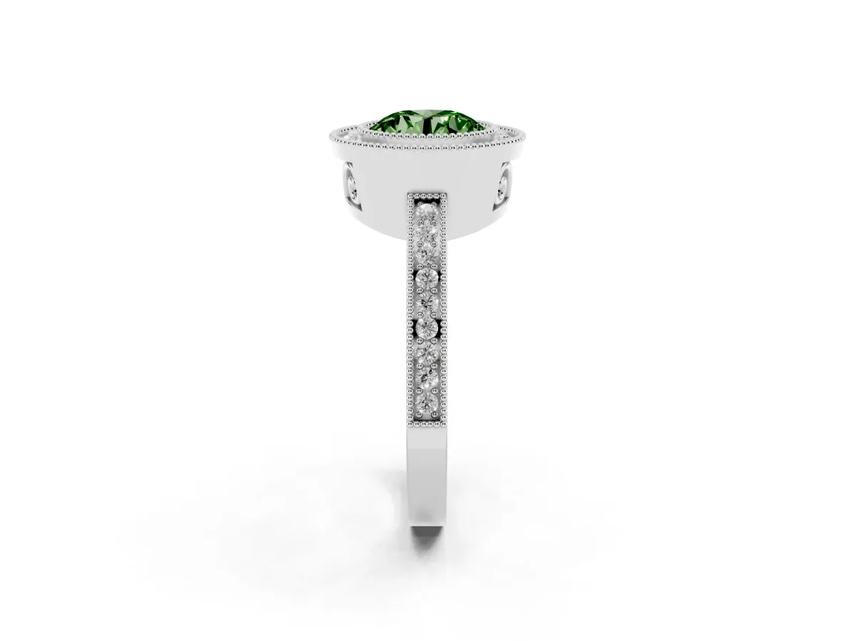 Fancy Green Round Cut Cut Halo Diamond Ring with Pavé Band and Milgrain Prong Setting White gold