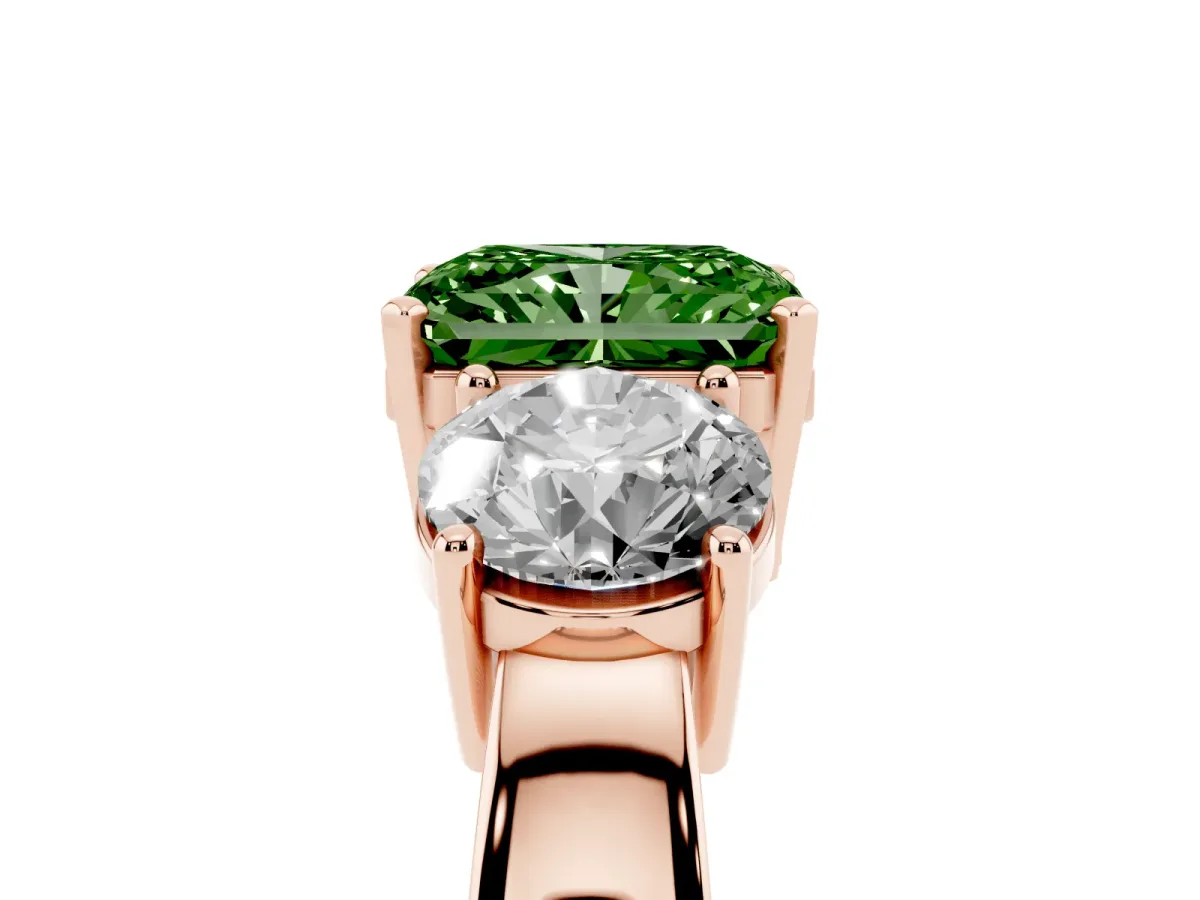 Fancy Green Three-Stone Radiant Cut Diamond Ring with Round Side Stones, Classic Band, and Four-Prong Setting Rose gold