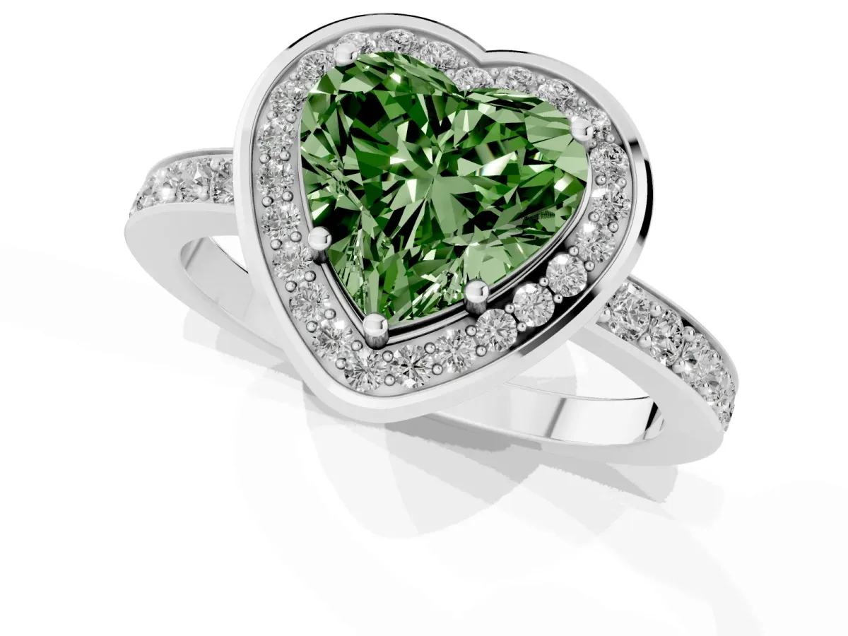 Fancy Green Heart Cut Diamond Halo Ring with Bezel Frame and Pavé Band Silver