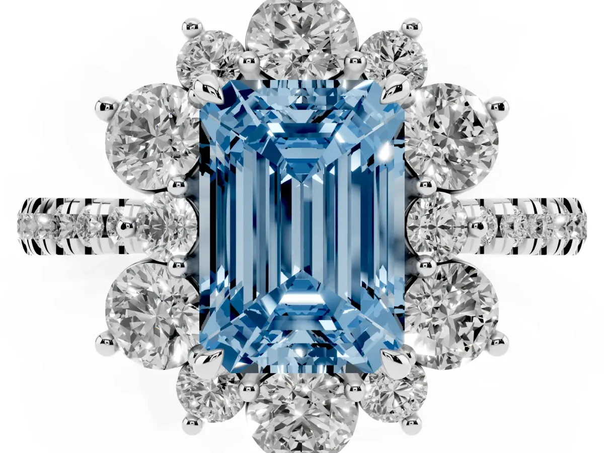 Fancy Blue Emerald Cut Diamond Floral Halo Ring with Round Pavé Band and Prong Setting Silver