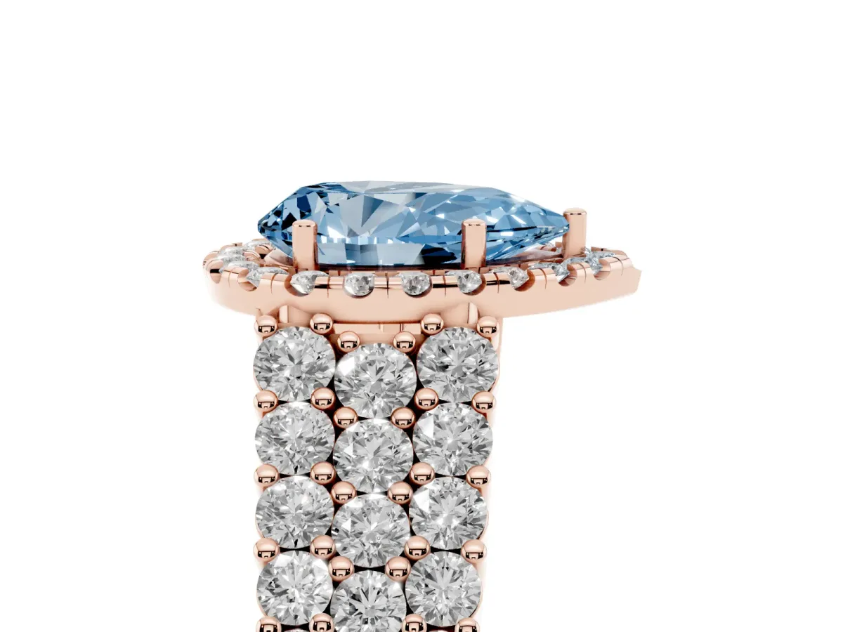 Fancy Blue Pear Cut Diamond Halo Engagement Ring with Triple Row Round Pavé Band and Prong Setting Rose gold