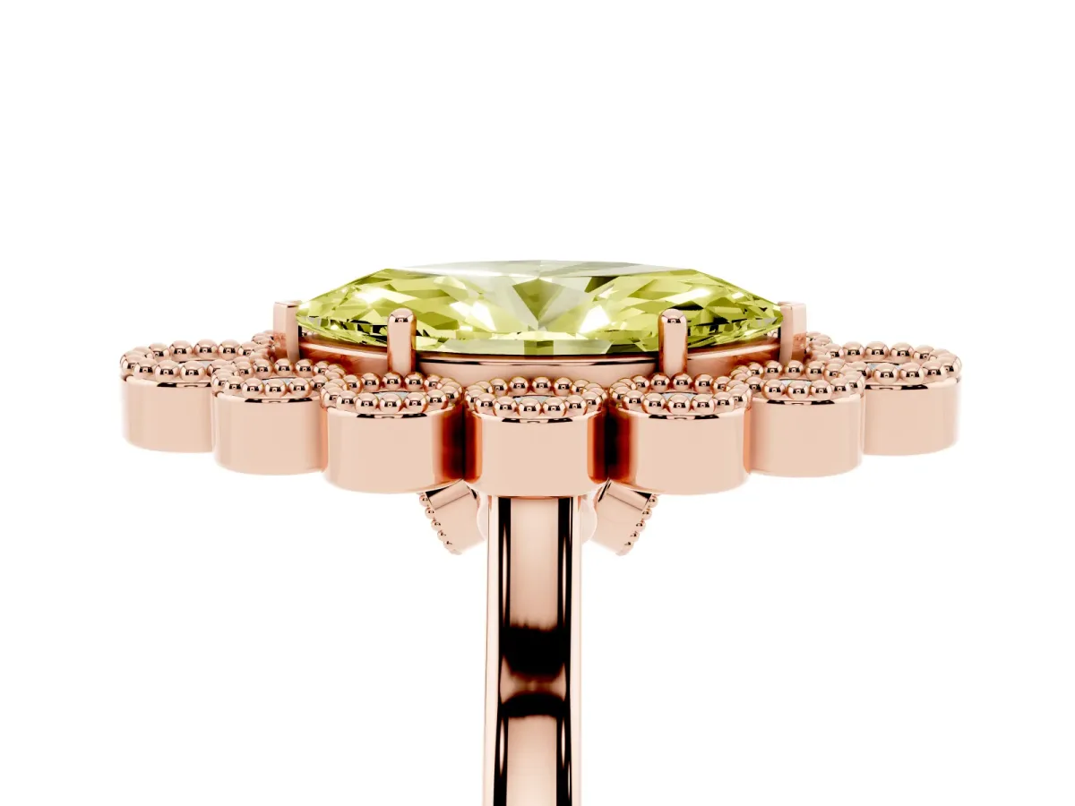 Fancy Yellow Marquise Cut Halo Diamond Cluster Engagement Ring with Milgrain Bezel Setting and Solitaire Band Rose gold