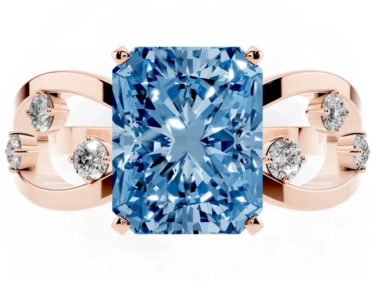 Fancy Blue Radiant Cut Cut Solitaire Diamond with Side Stones on Criss-Cross Band and Four-Prong Setting Rose gold