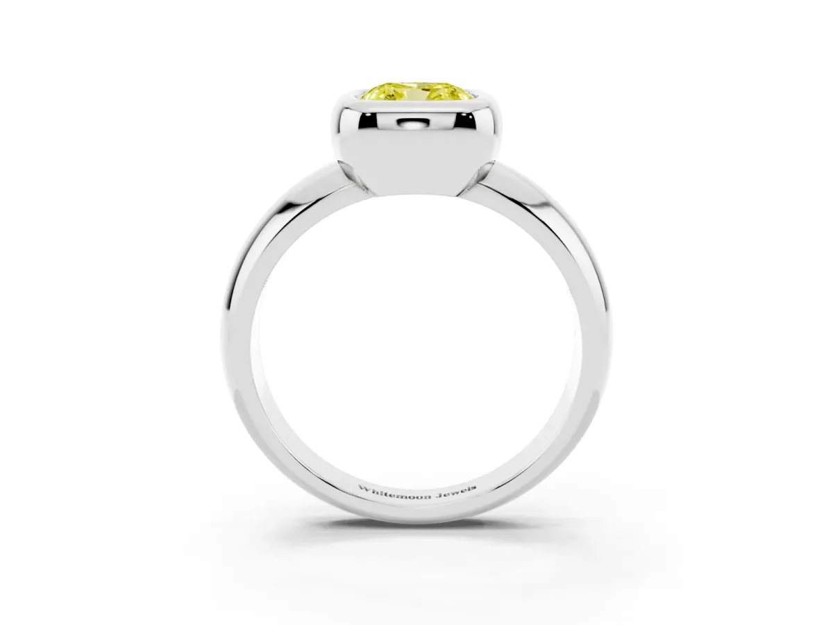 Fancy Yellow Bezel Set Cushion Cut Solitaire Ring with Wide Band Platinum